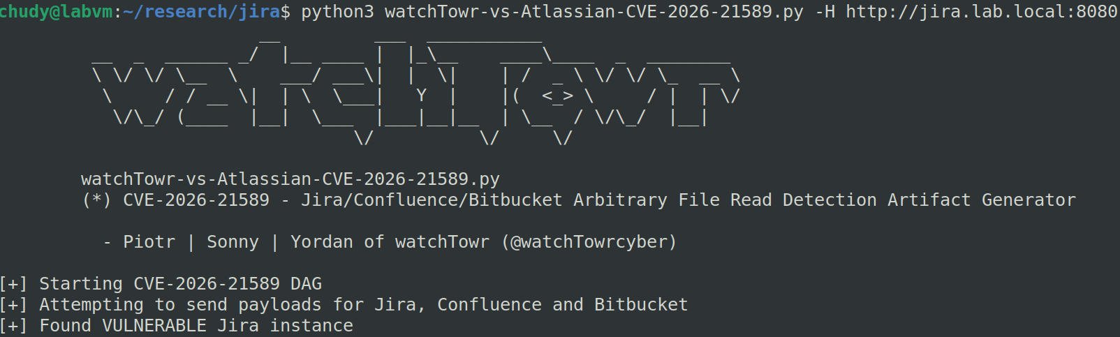 Salida del generador de artefactos de detección de watchTowr que marca una instancia de Jira como vulnerable