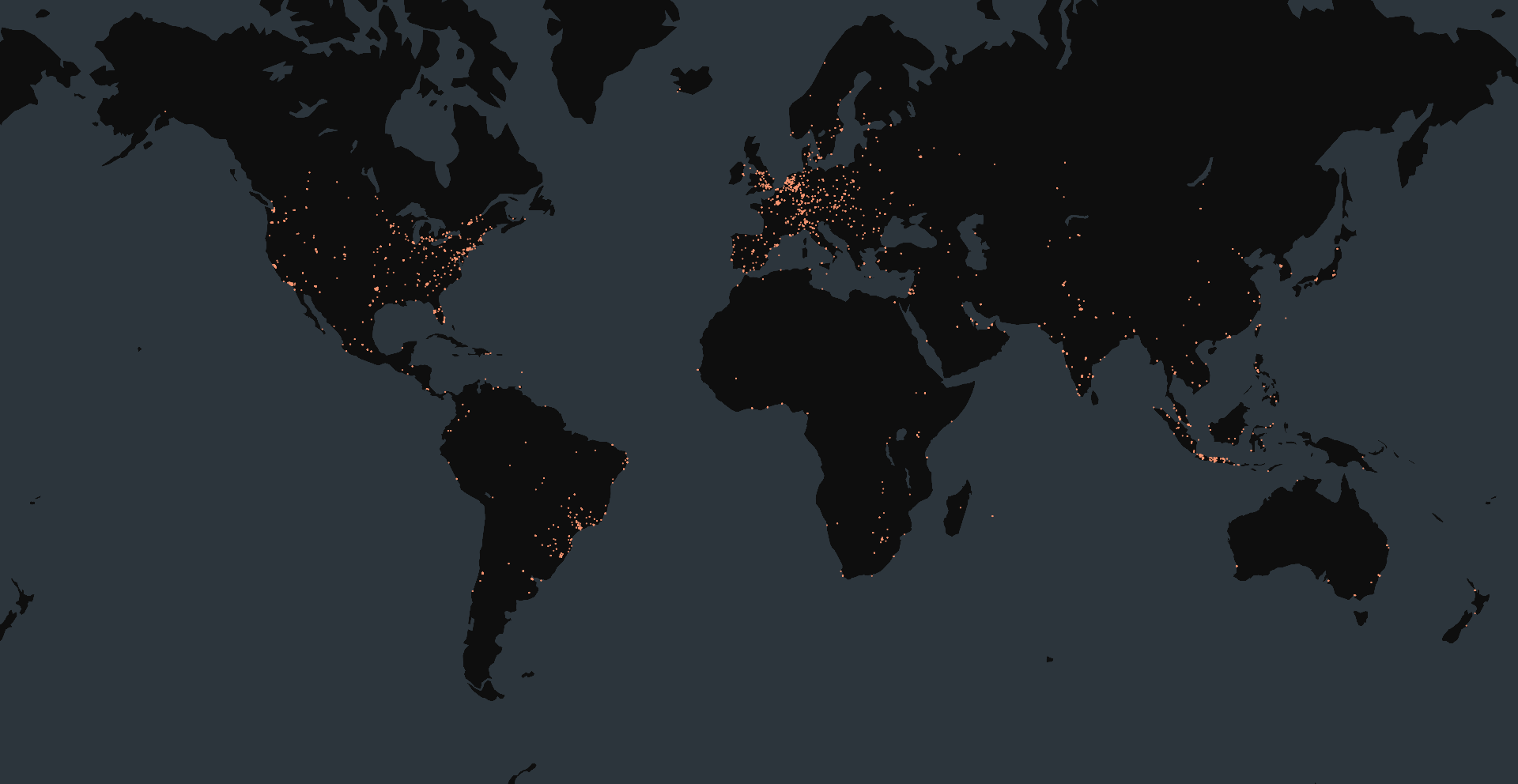 Mapa mundial con la distribución de servidores Wazuh expuestos en Internet, con mayor densidad en Europa y Norteamérica