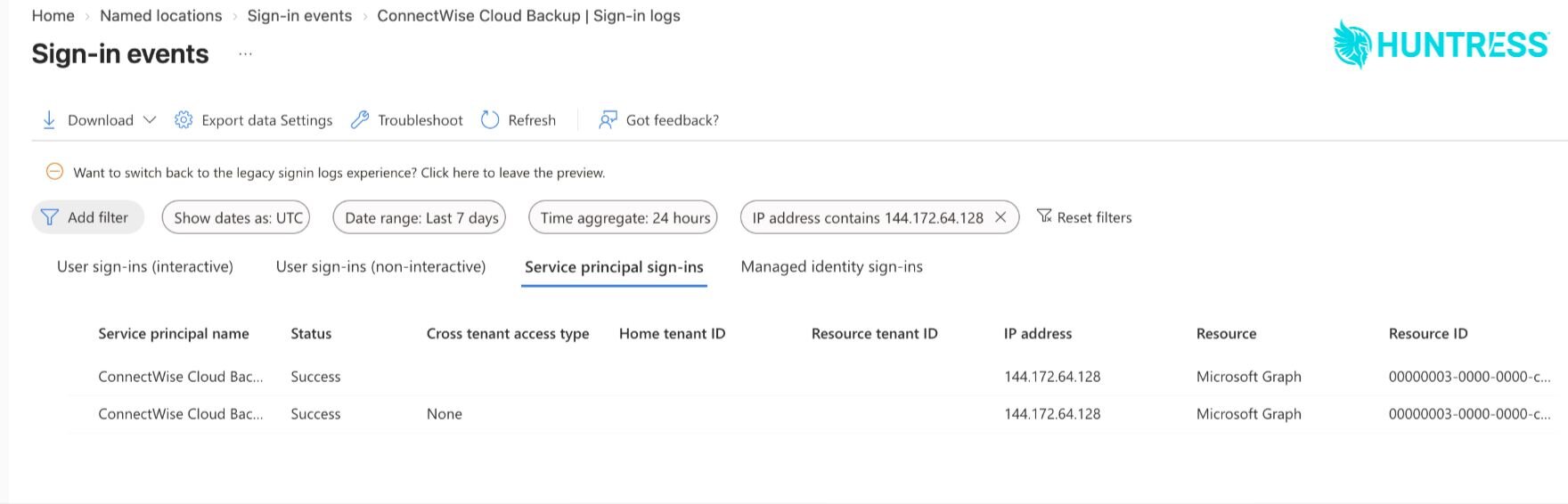 Registro de inicios de sesión de entidad de servicio en Microsoft Entra con dos accesos correctos de ConnectWise Cloud Backup a Microsoft Graph desde la IP 144.172.64.128