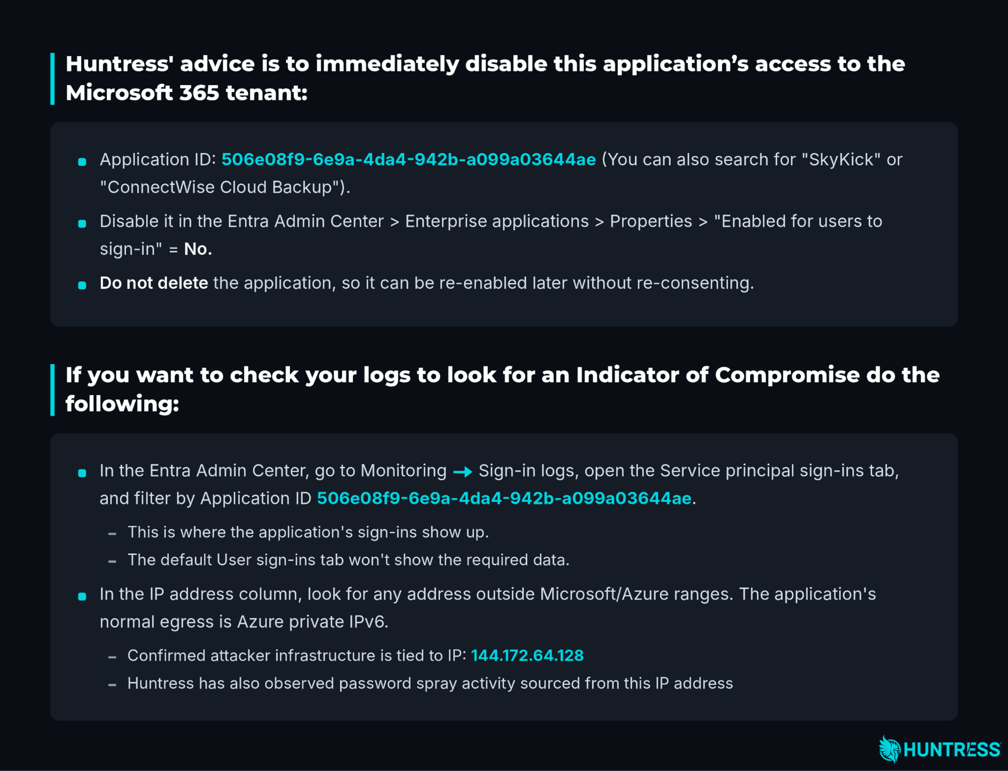 Tarjeta de Huntress con las recomendaciones para deshabilitar la aplicación ConnectWise Cloud Backup en Entra y revisar los inicios de sesión de la entidad de servicio