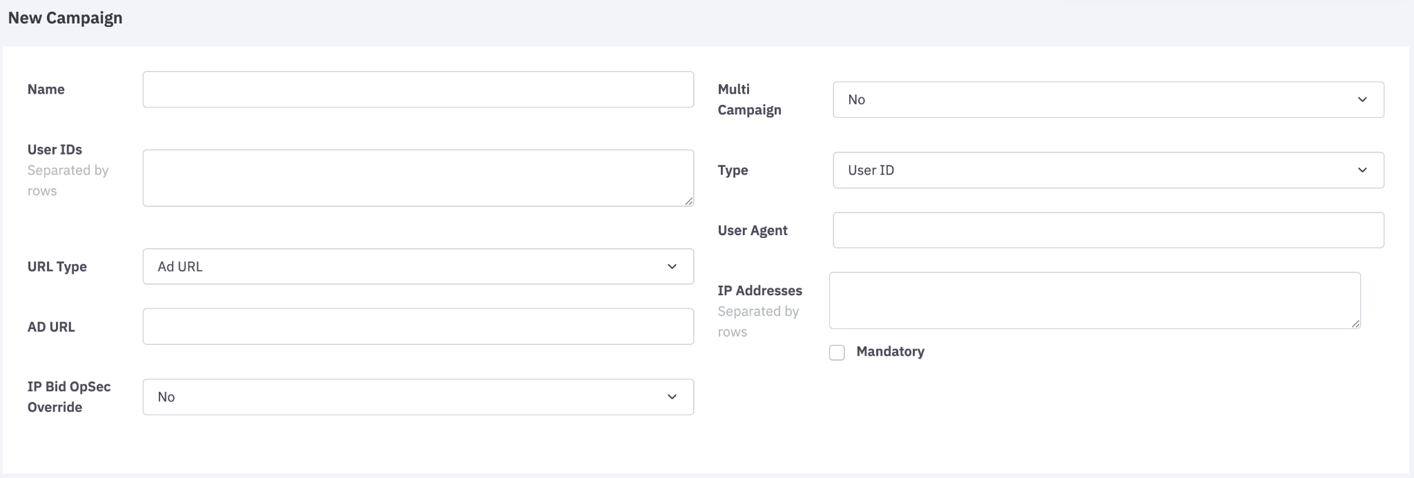 Captura del módulo Campaign de Controlium, el panel de Discover-Tech, con los campos para introducir identificadores de usuario objetivo y el tipo de URL