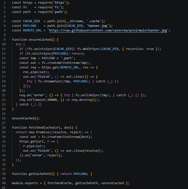 Código de index.js de cdn-img-fetch que descarga banner.jpg del repositorio cavecrew/proj de GitHub y lo guarda en una carpeta .cache