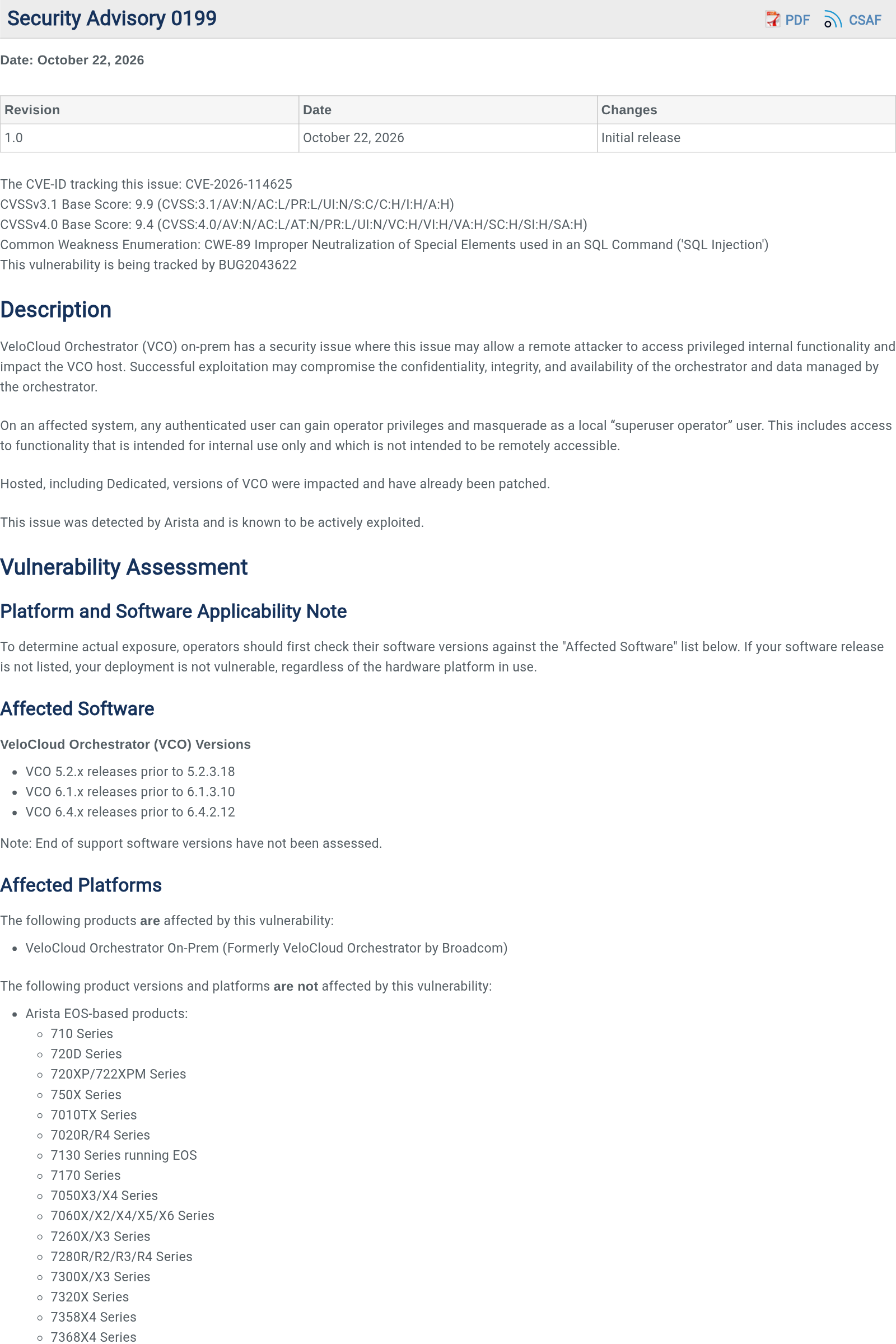 Cabecera del aviso 0199 de Arista con las puntuaciones CVSS, la descripción del fallo y las versiones afectadas de VeloCloud Orchestrator