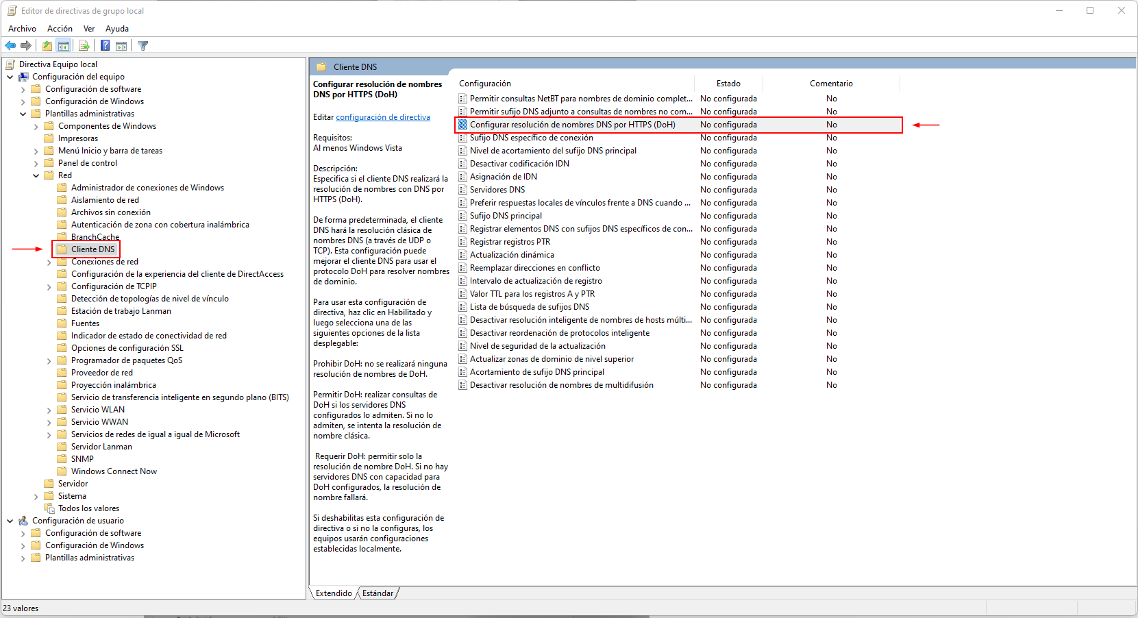 Activar GPO DoH en Windows 11