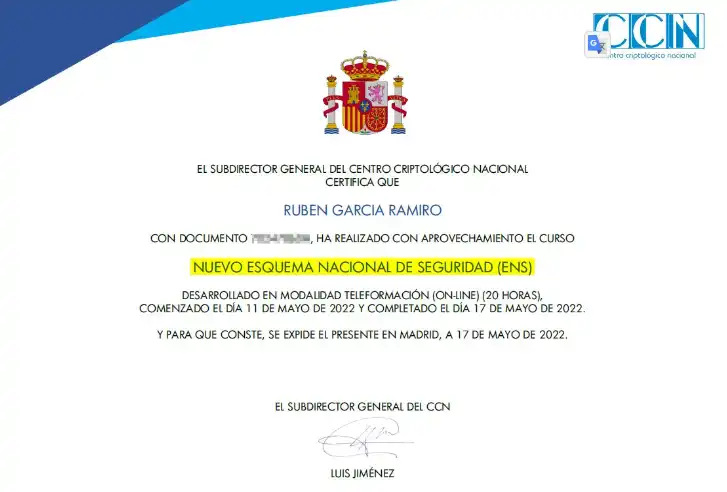 Diploma Nuevo Esquema Nacional de Seguridad en ANGELES