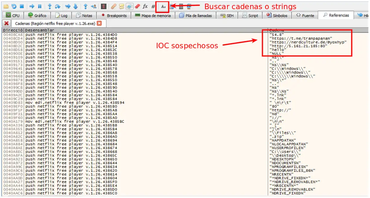 Busqueda de cadena de caracteres e IOCs en Malware Netflix