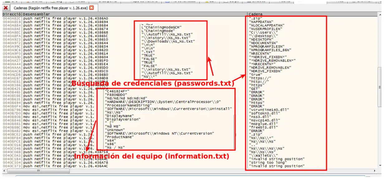 Comandos de extracción de credenciales Malware Netflix