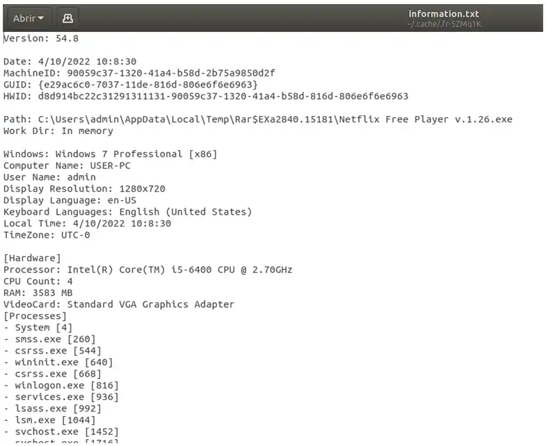 Informacion enviada por el malware sobre procesos