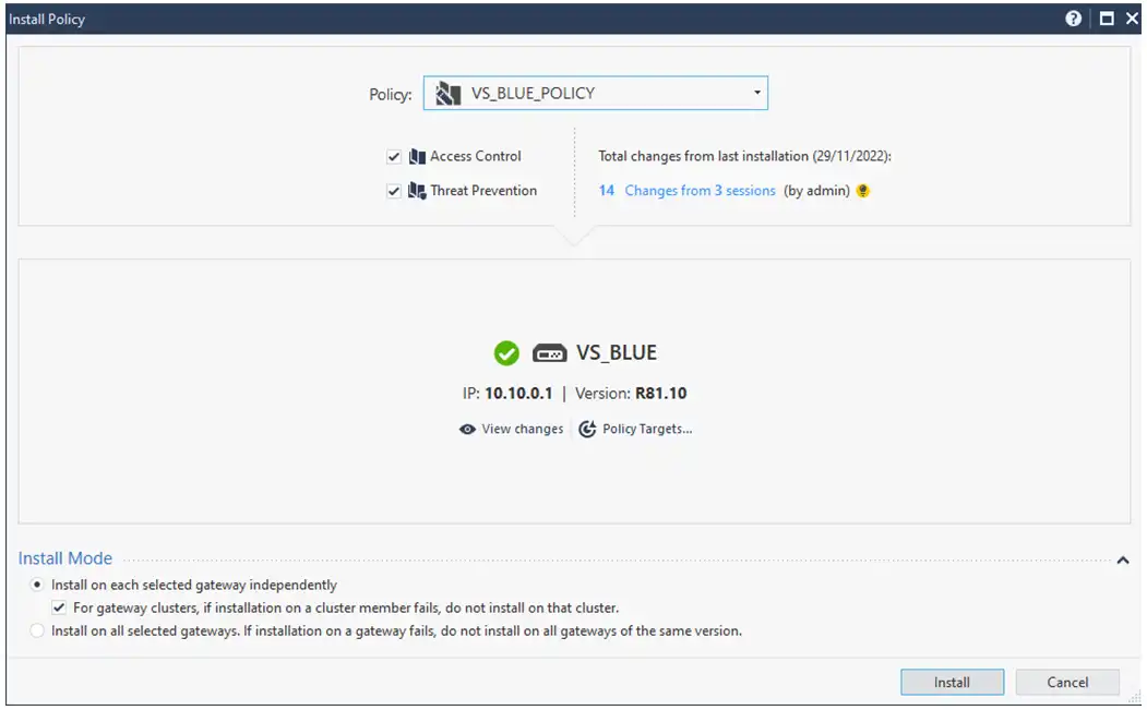 Procedemos a instalar Políticas Firewall Checkpoint