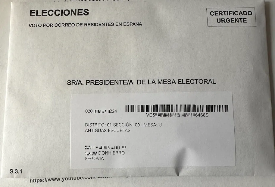 Sobre exterior de voto por correo en España.