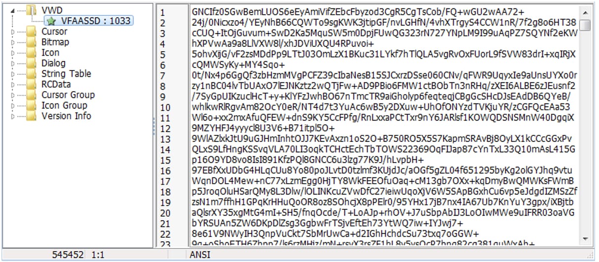 Captura de la sección de recursos del dropper de Bandook codificado en Delphi, mostrando el payload cifrado.