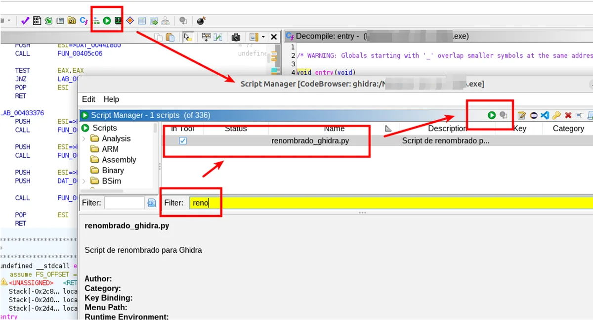 Gestor de scripts de Ghidra ejecutando el script renombrado_ghidra.py sobre un binario