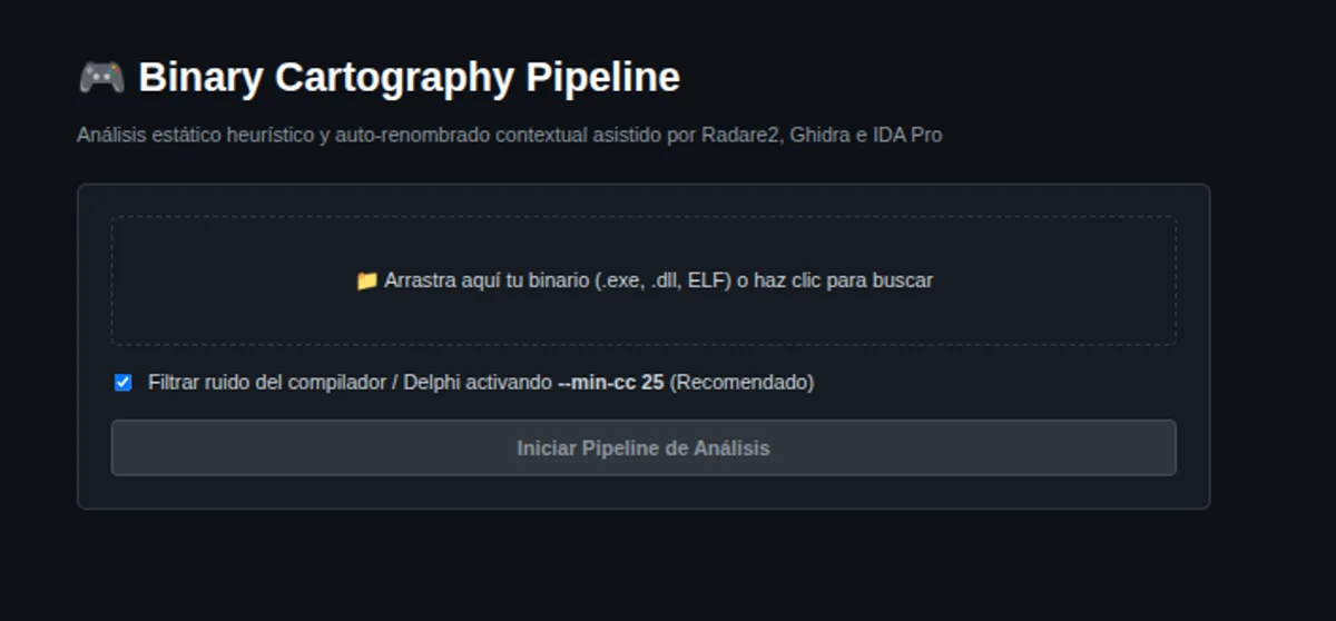 Interfaz de Binary Cartography Pipeline con la zona para arrastrar un binario y analizarlo