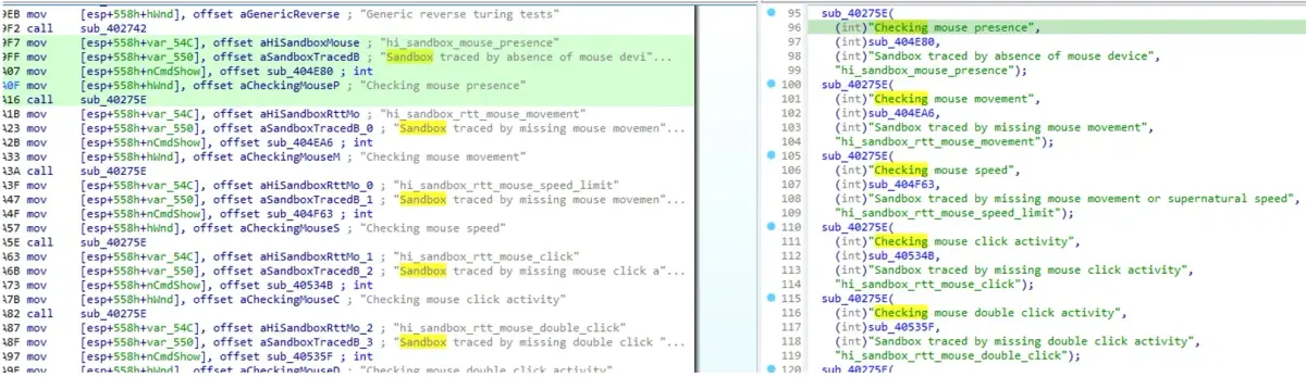 Desensamblado mostrando comprobaciones de movimiento y clics del ratón para detectar sandboxes