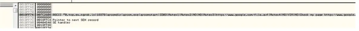 Cadena de configuración en memoria con el dominio de túnel ngrok.io y mutex del malware