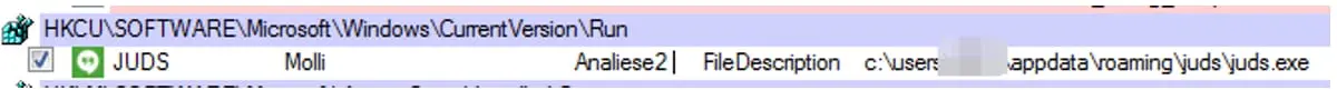 Clave de registro Run con la entrada JUDS que apunta a juds.exe para persistencia