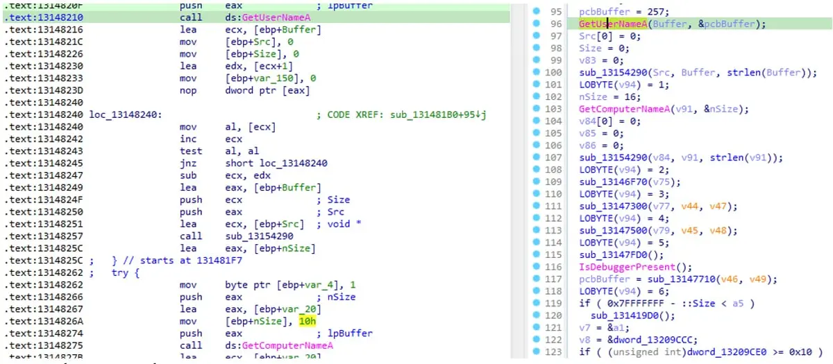Desensamblado con llamadas a GetUserNameA, GetComputerNameA e IsDebuggerPresent para evadir análisis