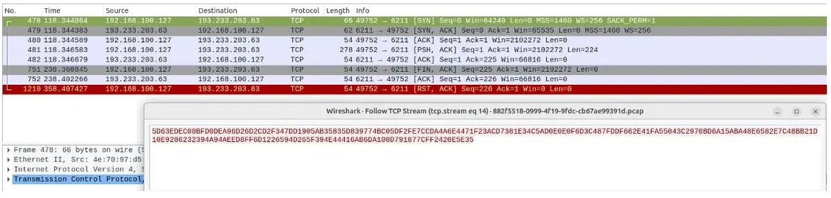 Wireshark mostrando el flujo TCP cifrado hacia la IP 193.233.203.63 en el puerto 6211