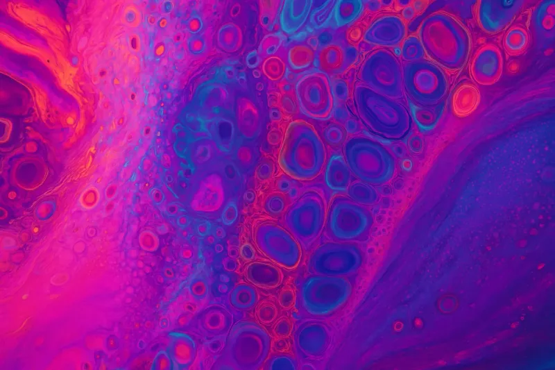 Imagen abstracta con círculos de pintura fluida en tonos rosa, azul y turquesa