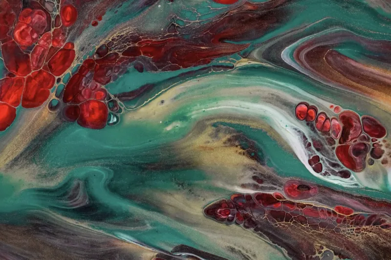 Imagen abstracta de pintura fluida en tonos rojo y verde azulado con textura de mármol