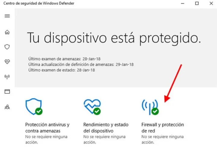 Centro de seguridad de Windows Defender con la sección Firewall y protección de red señalada