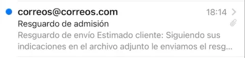 Bandeja de entrada mostrando el correo de admisión de Correos recibido a las 18:14