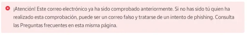 Error comprobación código correos