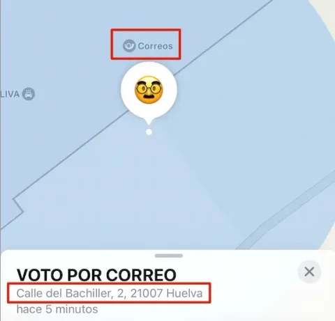 Mapa mostrando el voto por correo en la Calle del Bachiller de Huelva