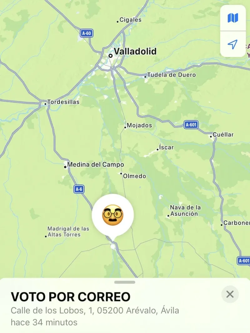 Mapa con el voto por correo situado en Arévalo, Ávila, hace 34 minutos