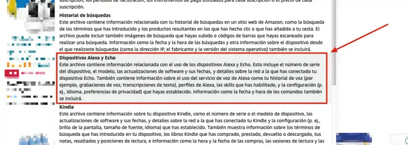 Texto de Amazon detallando qué datos guarda sobre los dispositivos Alexa y Echo