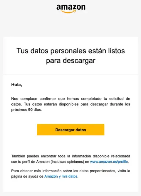 Correo de Amazon avisando que los datos personales solicitados están listos para descargar