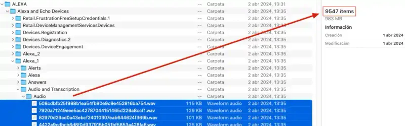 Explorador de macOS mostrando 9547 archivos de audio grabados por dispositivos Alexa