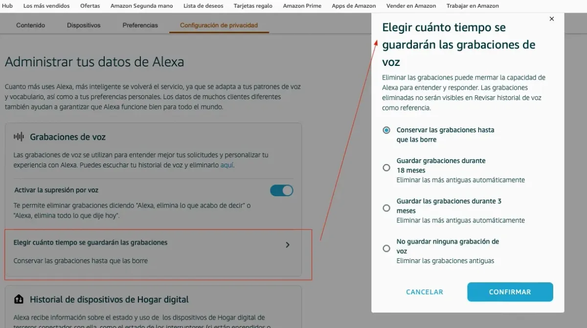 No guardar los datos ni grabaciones de Alexa