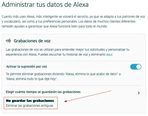 Página de Amazon para configurar Alexa y no guardar las grabaciones de voz