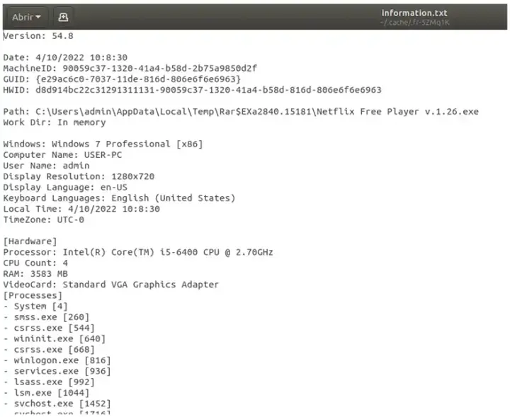 Informacion enviada por el malware sobre procesos