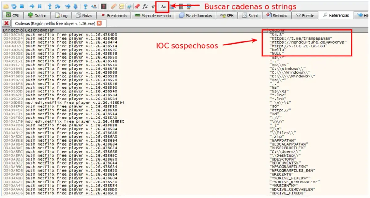 Busqueda de cadena de caracteres e IOCs en Malware Netflix