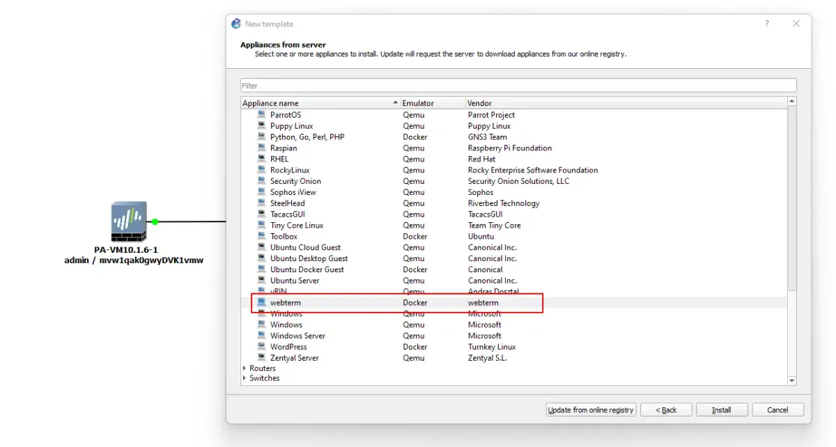 Captura del diálogo de plantillas de GNS3 con webterm seleccionado en la lista