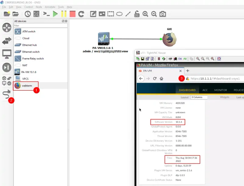 Captura de GNS3 mostrando el panel de Palo Alto vía TightVNC con la versión 10.1.6