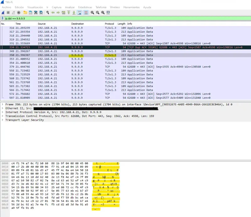 Captura Wireshark en DoH sobre Quad9