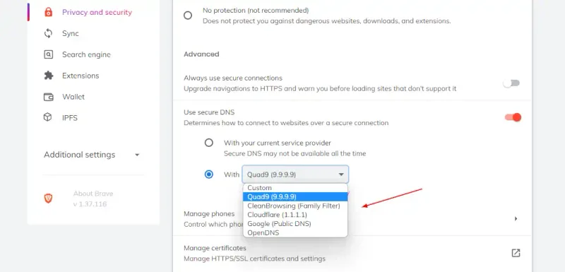 Captura de los ajustes de Brave activando DNS seguro con el proveedor Quad9