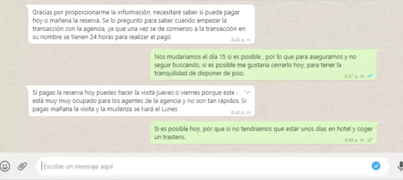 Captura de una conversación de WhatsApp negociando el pago de un alquiler