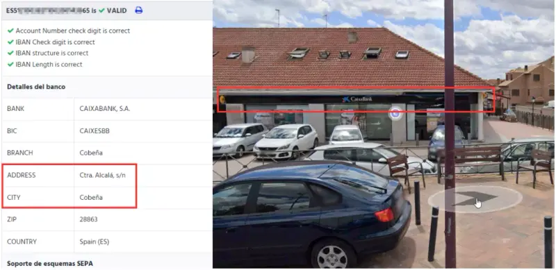 Captura de validación de IBAN y vista de calle de una sucursal de CaixaBank