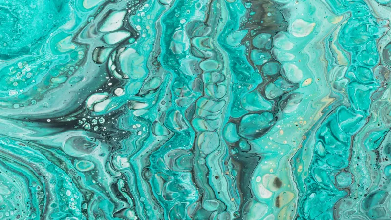 Textura abstracta de pintura turquesa y negra con burbujas y vetas onduladas