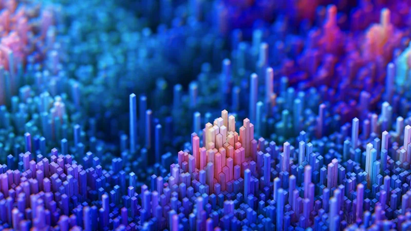 Ilustración 3D de columnas azules y moradas con un pico rosado central