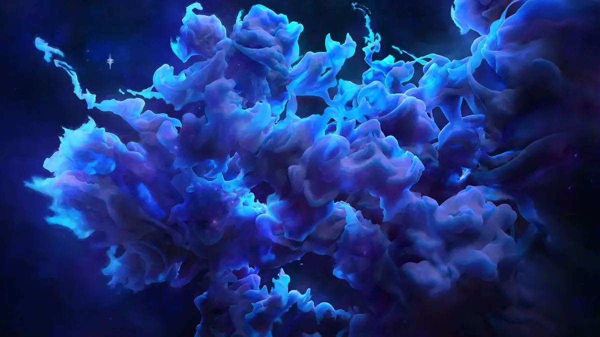 Nube abstracta de humo azul y morado con un destello de estrella