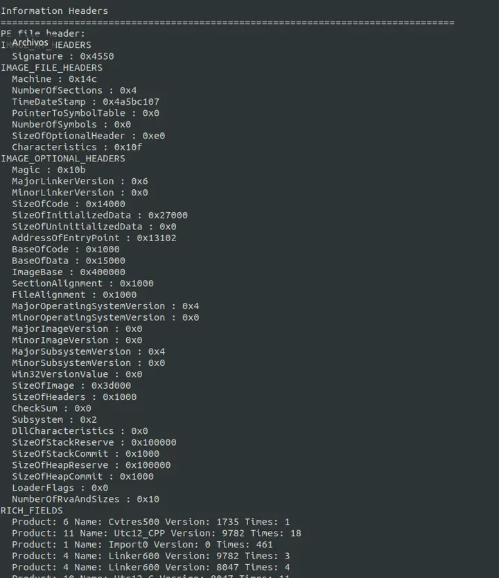 Informacion de cabeceras Malware script Rafa