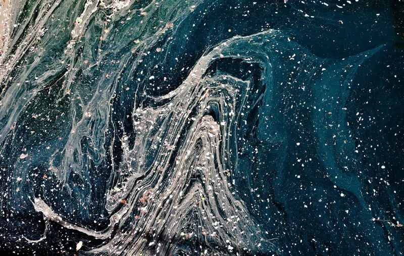 Vista aérea abstracta de agua azul oscuro con espuma blanca ondulada